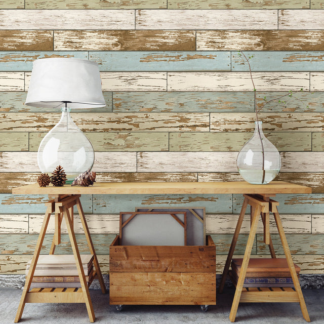Old Salem Vintage Wood Green Planks Peel & Stick Wallpaper with Faux Effects Country Style - NUW2188
