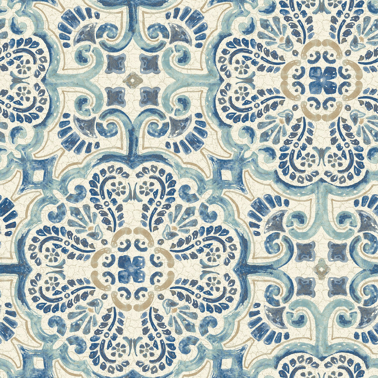 Florentine Tile Blue Peel & Stick Wallpaper with Traditional Tile Motif - NUW2235