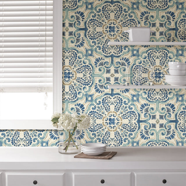 Florentine Tile Blue Peel & Stick Wallpaper with Traditional Tile Motif - NUW2235