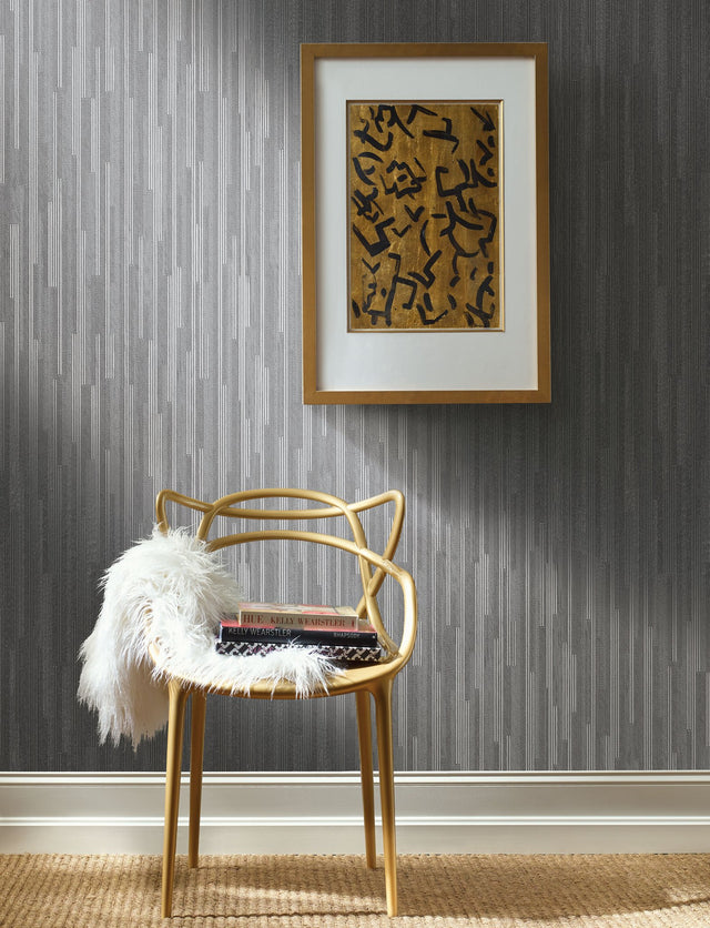 Vertical Plumb Charcoal Metallic Wallpaper with Metallic Stripe Pattern - York NV5500