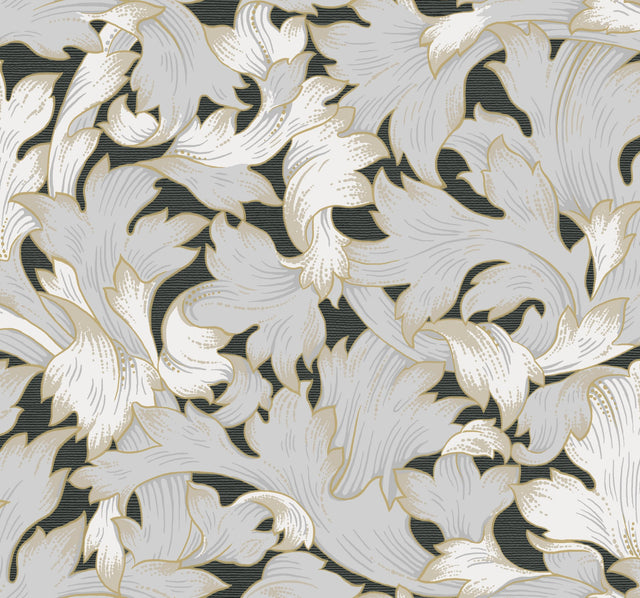 Acanthus Toss Black & Grey Wallpaper with Botanical Acanthus Leaf Motif - York NV5510
