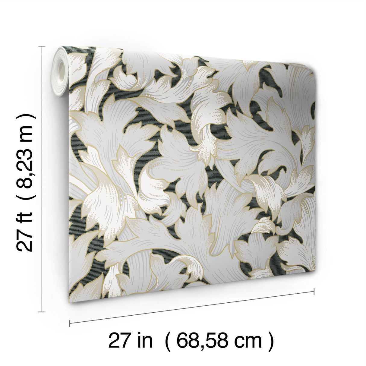 Acanthus Toss Black & Grey Wallpaper with Botanical Acanthus Leaf Motif - York NV5510