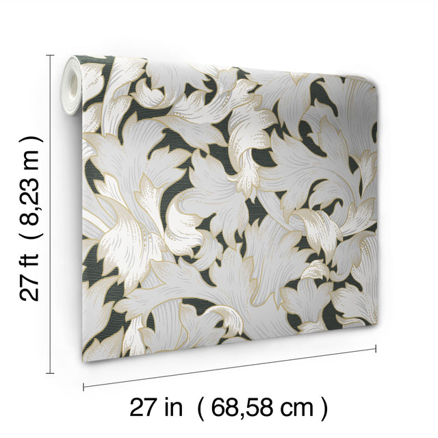 Acanthus Toss Black & Grey Wallpaper with Botanical Acanthus Leaf Motif - York NV5510