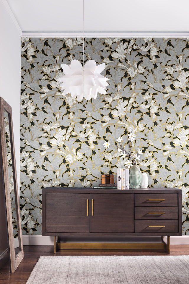 Acanthus Toss Black & Grey Wallpaper with Botanical Acanthus Leaf Motif - York NV5510