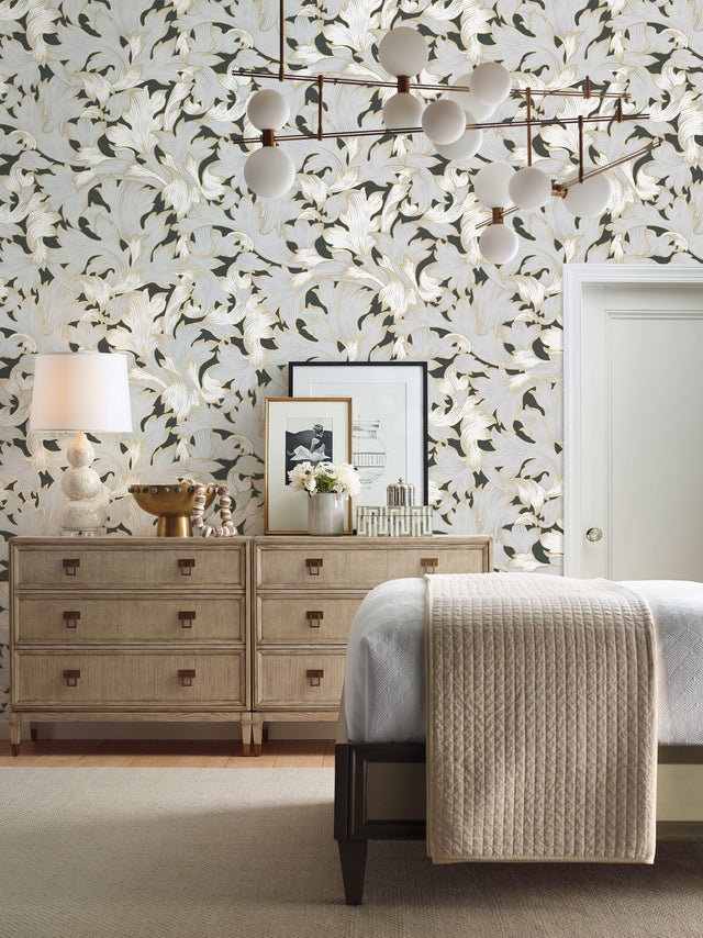 Acanthus Toss Black & Grey Wallpaper with Botanical Acanthus Leaf Motif - York NV5510