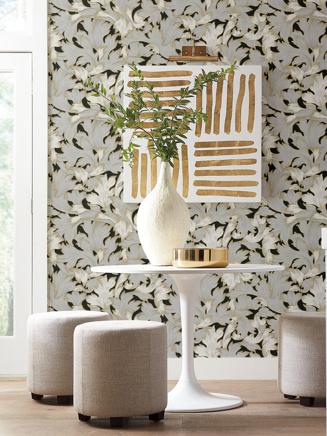 Acanthus Toss Black & Grey Wallpaper with Botanical Acanthus Leaf Motif - York NV5510