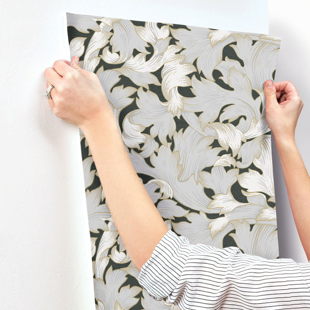 Acanthus Toss Black & Grey Wallpaper with Botanical Acanthus Leaf Motif - York NV5510