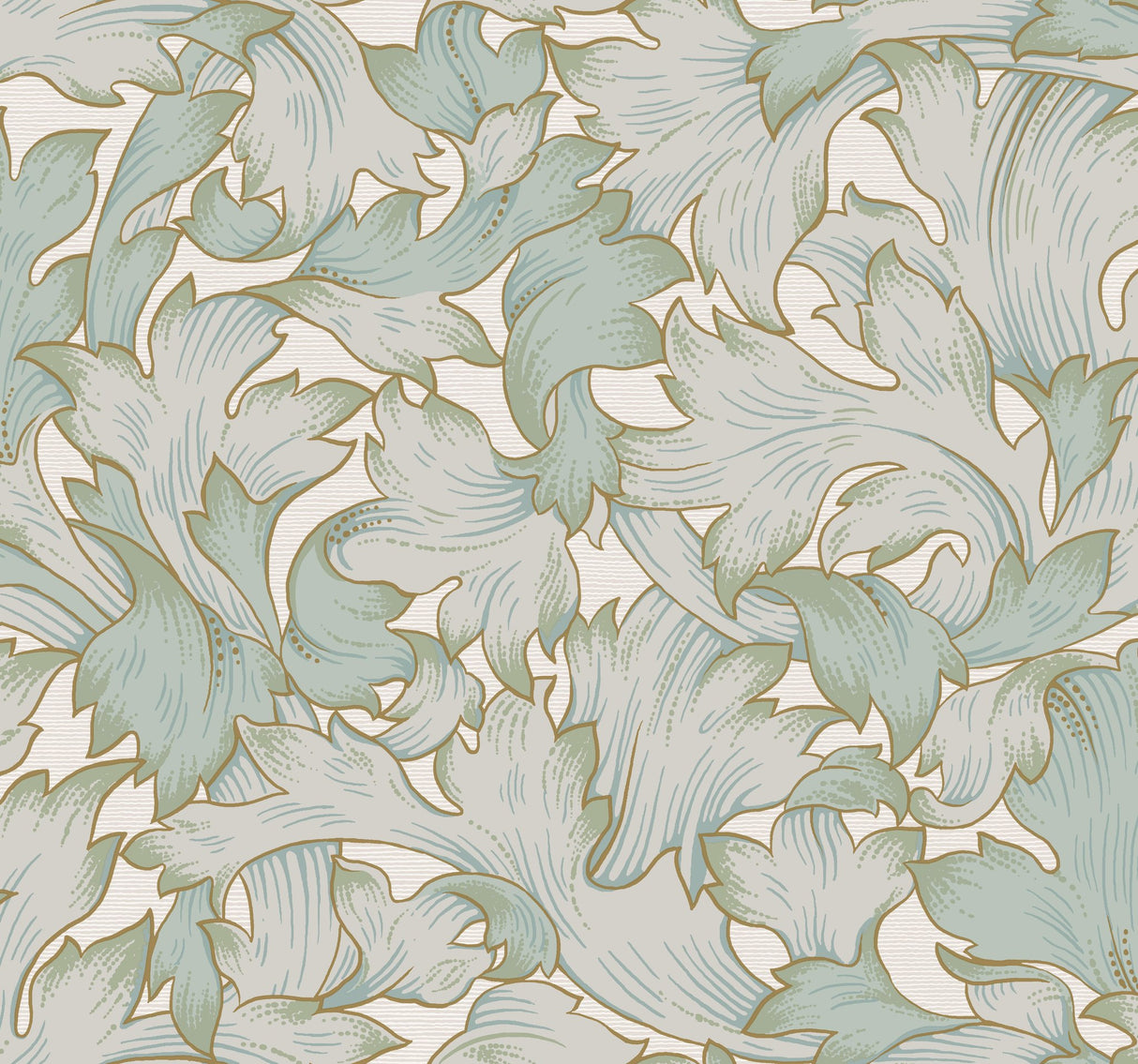Acanthus Toss Beige & Seafoam Wallpaper with Botanical Acanthus Leaf Motif - York NV5511