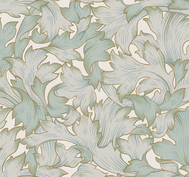 Acanthus Toss Beige & Seafoam Wallpaper with Botanical Acanthus Leaf Motif - York NV5511