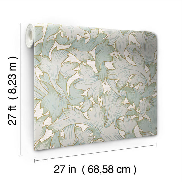 Acanthus Toss Beige & Seafoam Wallpaper with Botanical Acanthus Leaf Motif - York NV5511