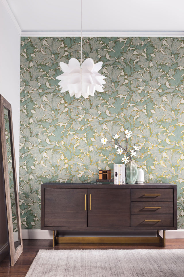 Acanthus Toss Beige & Seafoam Wallpaper with Botanical Acanthus Leaf Motif - York NV5511