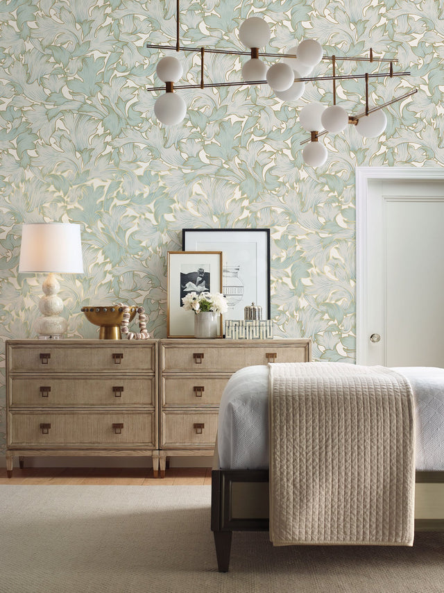 Acanthus Toss Beige & Seafoam Wallpaper with Botanical Acanthus Leaf Motif - York NV5511