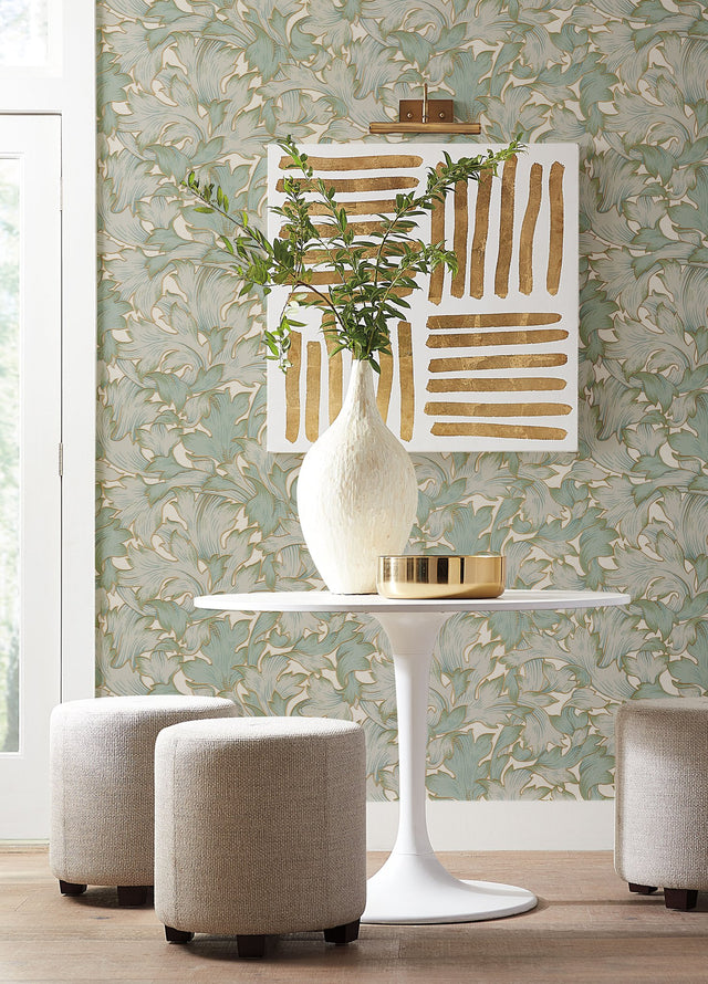 Acanthus Toss Beige & Seafoam Wallpaper with Botanical Acanthus Leaf Motif - York NV5511