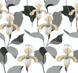 Lady Slipper Gold & Grey Botanical Non Woven Wallpaper, Straight Match, 27 in x 27 ft - York NV5524