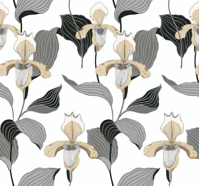 Lady Slipper Gold & Grey Botanical Non Woven Wallpaper, Straight Match, 27 in x 27 ft - York NV5524