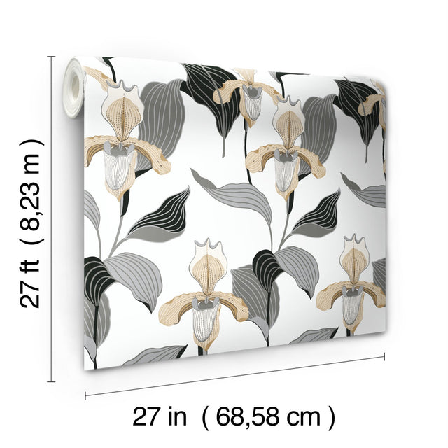 Lady Slipper Gold & Grey Botanical Non Woven Wallpaper, Straight Match, 27 in x 27 ft - York NV5524