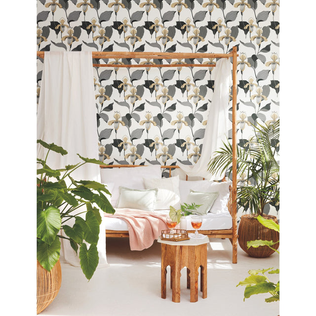 Lady Slipper Gold & Grey Botanical Non Woven Wallpaper, Straight Match, 27 in x 27 ft - York NV5524