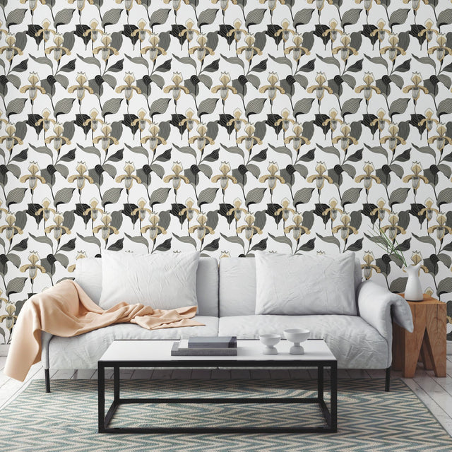 Lady Slipper Gold & Grey Botanical Non Woven Wallpaper, Straight Match, 27 in x 27 ft - York NV5524