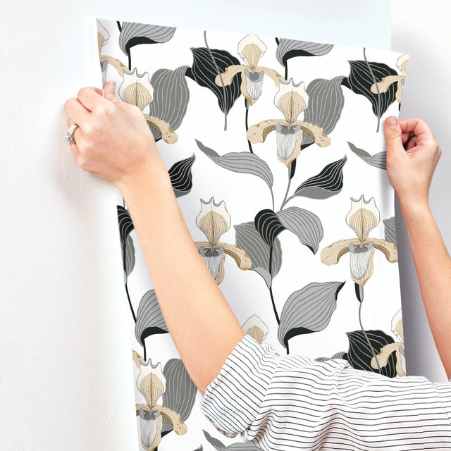 Lady Slipper Gold & Grey Botanical Non Woven Wallpaper, Straight Match, 27 in x 27 ft - York NV5524