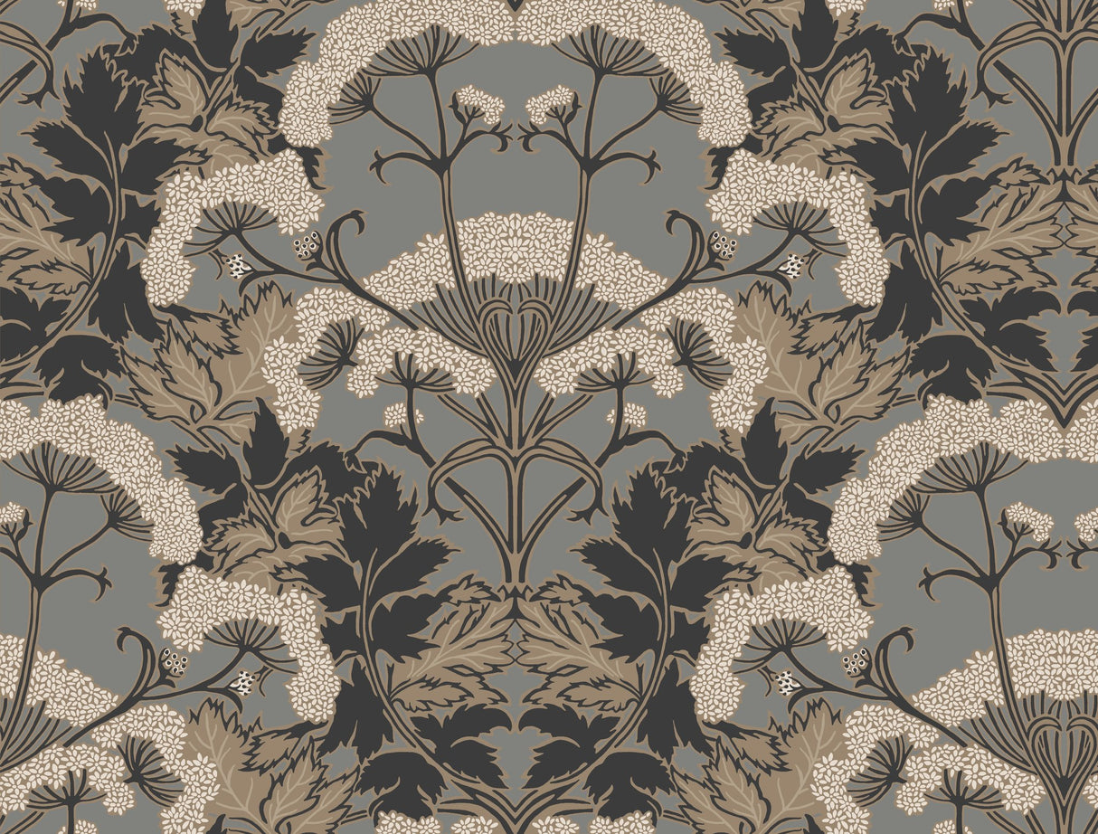 Yarrow Nouveau Charcoal & Gold Wallpaper with Botanical Floral Pattern - York NV5557