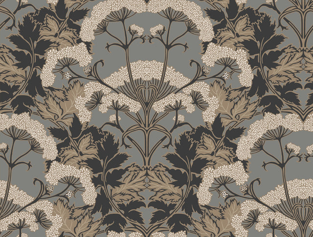 Yarrow Nouveau Charcoal & Gold Wallpaper with Botanical Floral Pattern - York NV5557