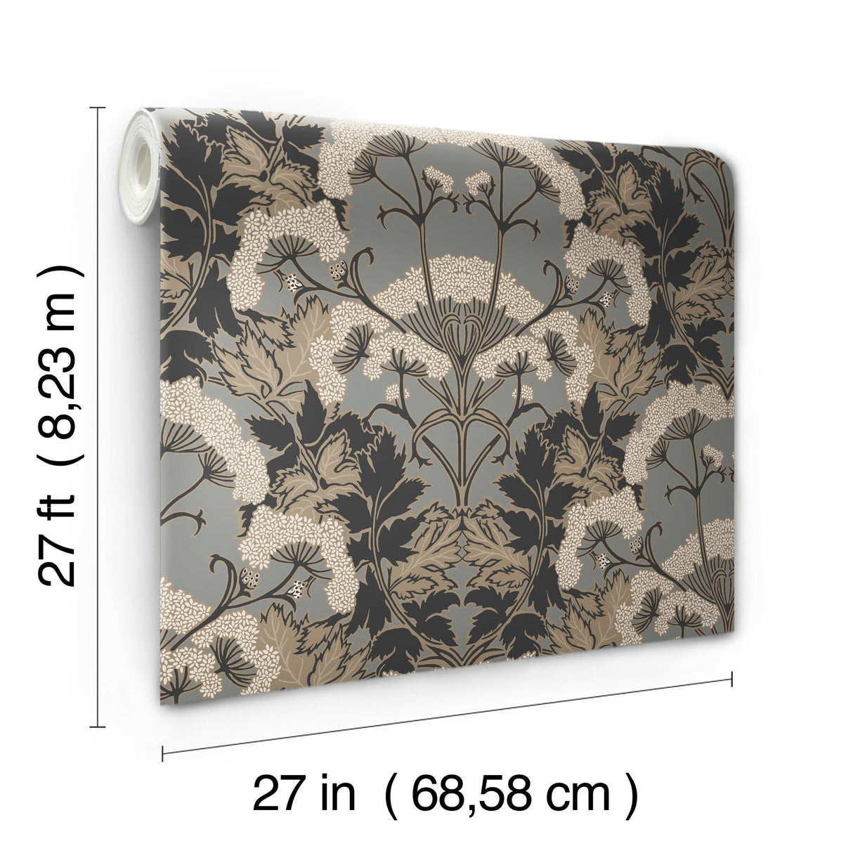 Yarrow Nouveau Charcoal & Gold Wallpaper with Botanical Floral Pattern - York NV5557