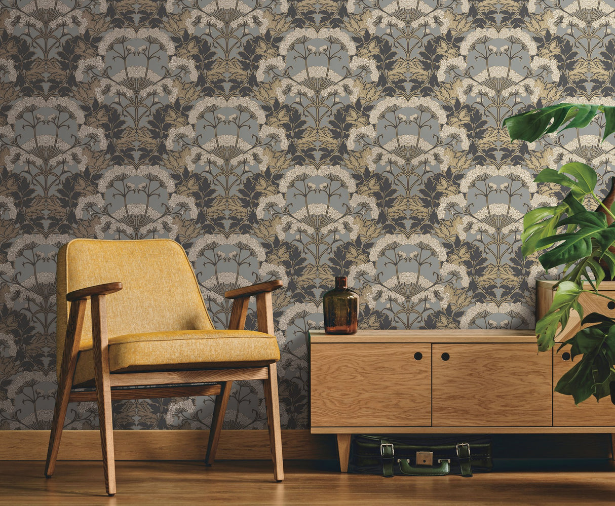 Yarrow Nouveau Charcoal & Gold Wallpaper with Botanical Floral Pattern - York NV5557
