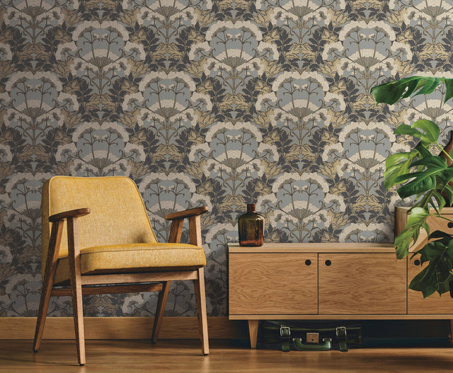Yarrow Nouveau Charcoal & Gold Wallpaper with Botanical Floral Pattern - York NV5557