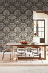 Yarrow Nouveau Charcoal & Gold Wallpaper with Botanical Floral Pattern - York NV5557