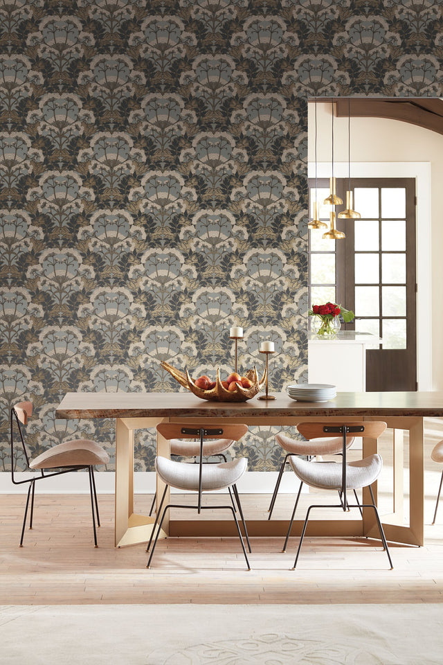 Yarrow Nouveau Charcoal & Gold Wallpaper with Botanical Floral Pattern - York NV5557