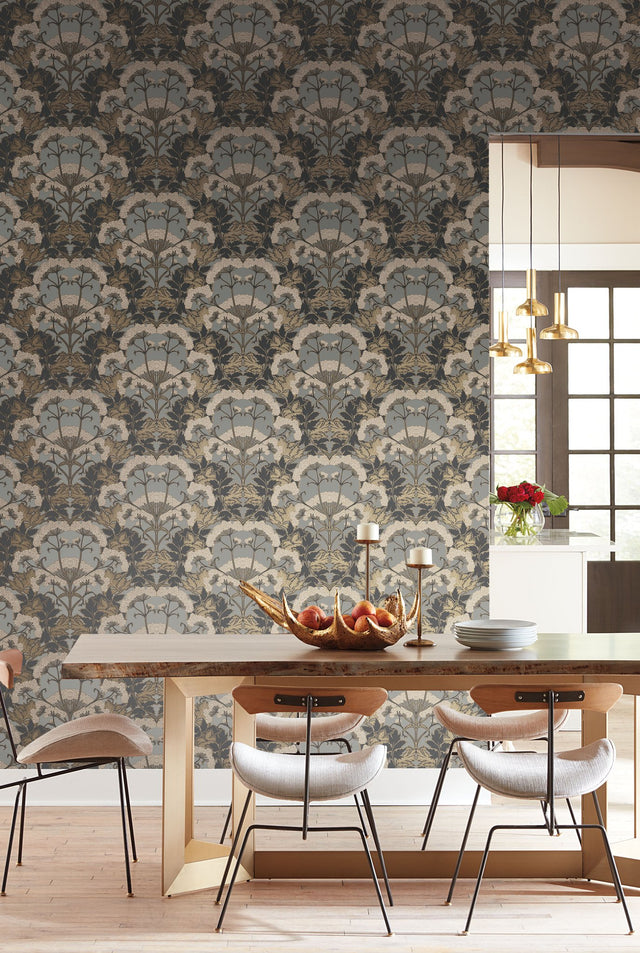 Yarrow Nouveau Charcoal & Gold Wallpaper with Botanical Floral Pattern - York NV5557