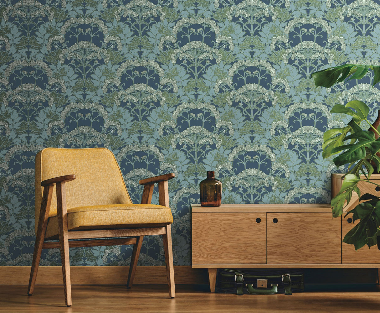 Yarrow Nouveau Blue & Green Wallpaper with Botanical Floral Pattern, Modern Style - York NV5558