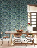 Yarrow Nouveau Blue & Green Wallpaper with Botanical Floral Pattern, Modern Style - York NV5558