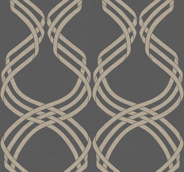 Dante Ribbon Charcoal Metallic Wallpaper with Modern Geometric Ribbon Motif - York NV5568