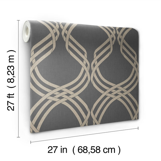 Dante Ribbon Charcoal Metallic Wallpaper with Modern Geometric Ribbon Motif - York NV5568