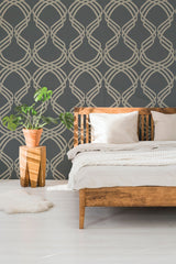 Dante Ribbon Charcoal Metallic Wallpaper with Modern Geometric Ribbon Motif - York NV5568