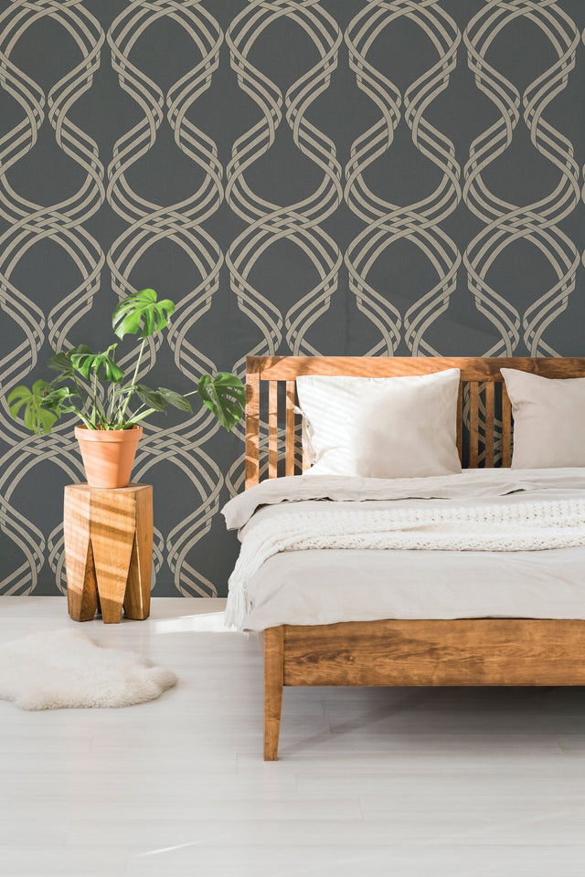 Dante Ribbon Charcoal Metallic Wallpaper with Modern Geometric Ribbon Motif - York NV5568