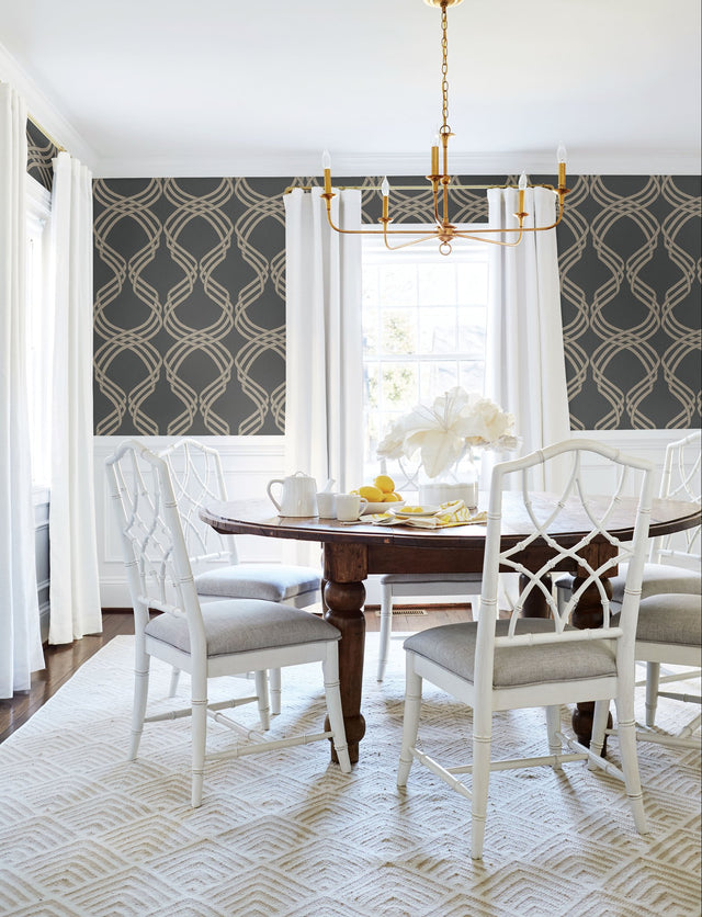 Dante Ribbon Charcoal Metallic Wallpaper with Modern Geometric Ribbon Motif - York NV5568