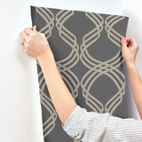 Dante Ribbon Charcoal Metallic Wallpaper with Modern Geometric Ribbon Motif - York NV5568