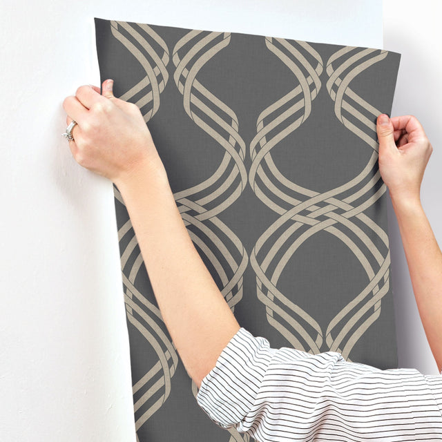 Dante Ribbon Charcoal Metallic Wallpaper with Modern Geometric Ribbon Motif - York NV5568