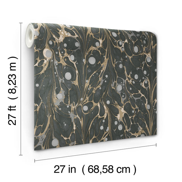 Marbled Endpaper Black & Gold Wallpaper with Marbled Book Paper Motif - York NV5591