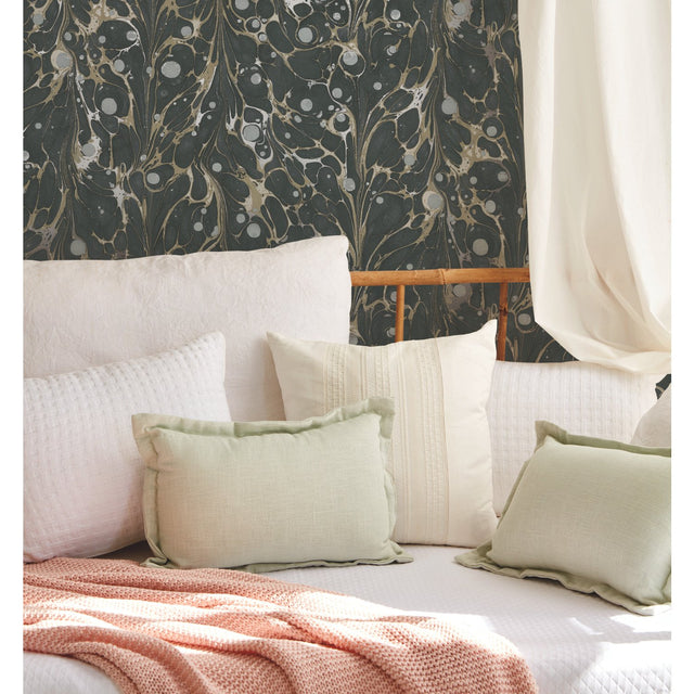 Marbled Endpaper Black & Gold Wallpaper with Marbled Book Paper Motif - York NV5591