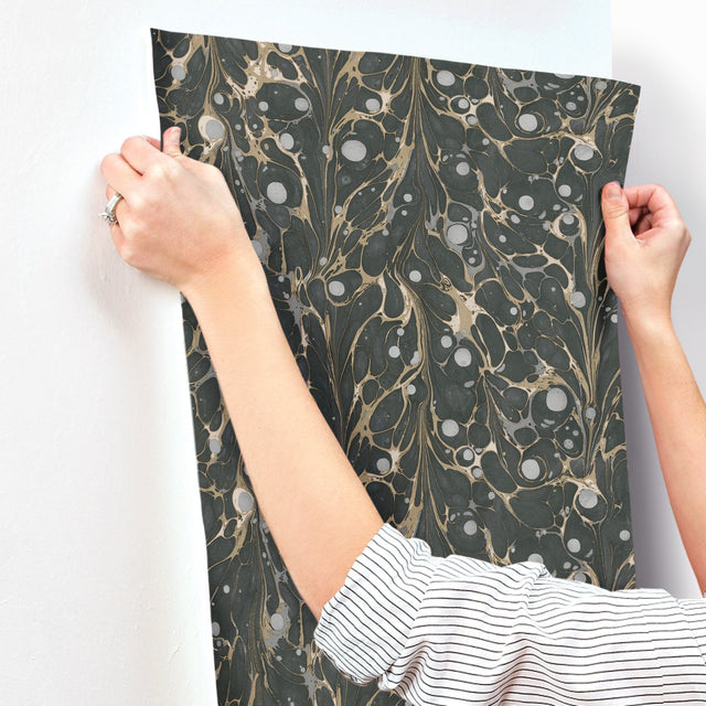 Marbled Endpaper Black & Gold Wallpaper with Marbled Book Paper Motif - York NV5591