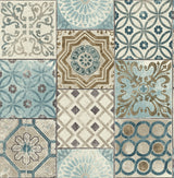 Morocaan Tile peel and stick wallpaper in blue and copper with a Moroccan tile patchwork pattern