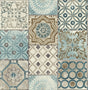 Morocaan Tile peel and stick wallpaper in blue and copper with a Moroccan tile patchwork pattern