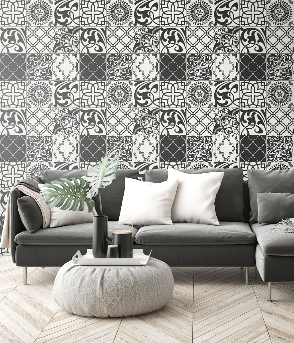 Graphic Tile Black and White by NextWall Peel & Stick Wallpaper – NextWall NW30300