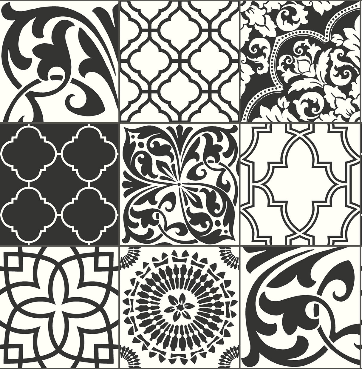 Black and white graphic tile peel and stick wallpaper with mixed Moroccan-inspired motifs.