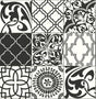 Black and white graphic tile peel and stick wallpaper with mixed Moroccan-inspired motifs.