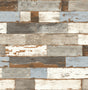 Colorful shiplap peel and stick wallpaper in blue, gray, white and brown distressed wood planks