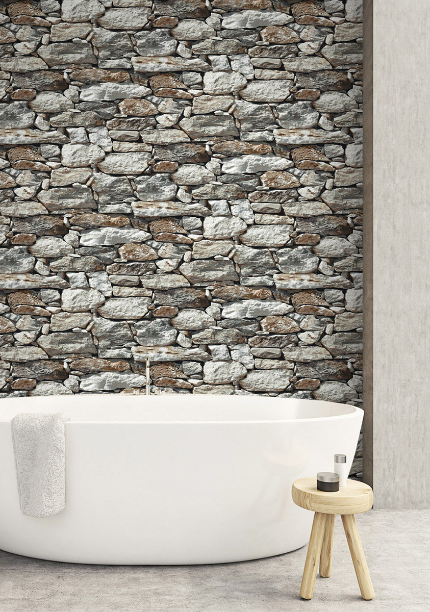 Stone Wall Brown and Gray by NextWall Peel & Stick Faux Stone Peel & Stick Vinyl Wallpaper – NextWall NW30900